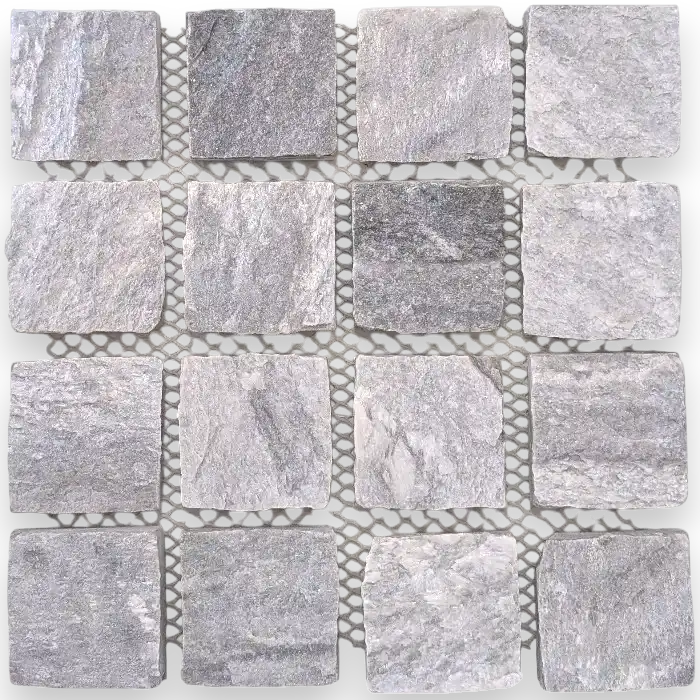 Misty Grey marble cobblestone driveway featuring soft and dark grey tones with natural swirling movement