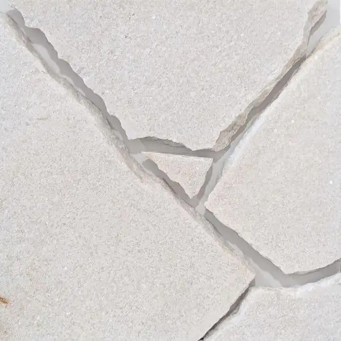White quartz crazy pave natural stone in bright white tones for Mediterranean and Greek inspired outdoor spaces